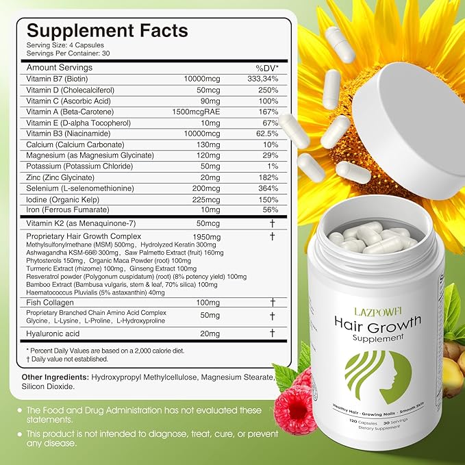 Hair Growth Supplement, Biotin 10000mcg, 32-in-1 with Vitamin A, B3, C, Magnesium, Calcium, Hair Growth Products, Supports Hair & Nails Natural Growth Vitamins, for Women & Men - 30 Servings