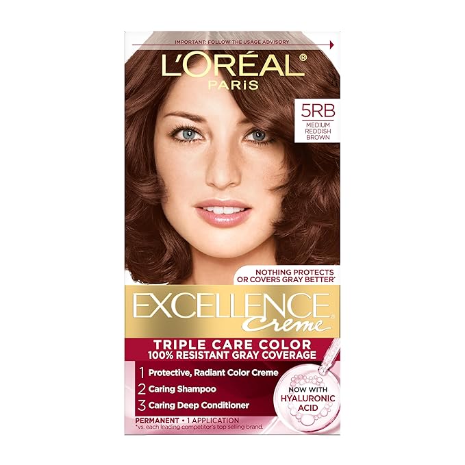 L'Oreal Paris Excellence Crème Permanent Hair Dye, Triple Care Hair Color with Pro-Keratine Complex for 100% Gray Hair Coverage, 5RB Medium Reddish Brown, 1 Kit