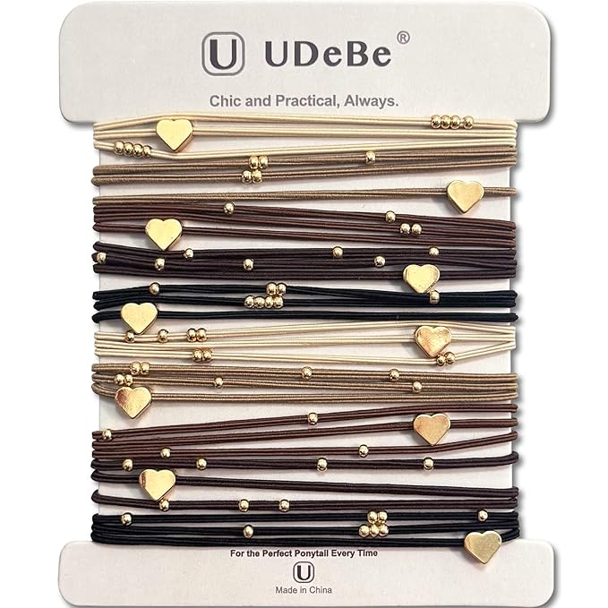 10 Packs Heart Hair Ties with Gold Beads – Thin Elastic Ponytail Holders Hair Accessories for Women