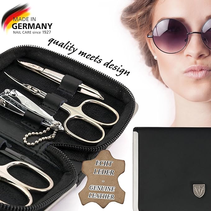 3 Swords Germany - brand quality 6 piece manicure pedicure kit set for professional finger & toe nail care with leather case - Made in Germany - black genuine leather