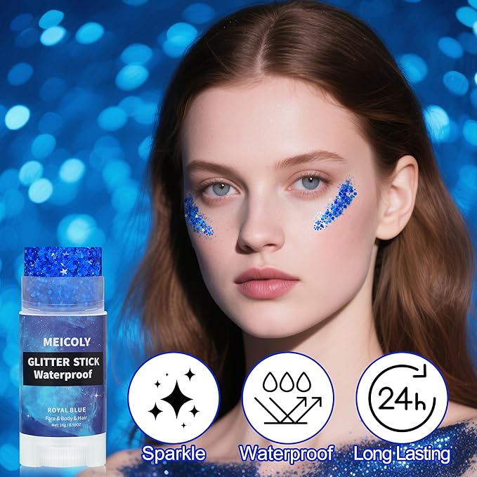 MEICOLY Royal Blue Body Glitter Stick,Hair Glitter Stick for Women,Waterproof Sparkle Chunky Face Glitter Makeup for Halloween Mardi Gras Party Rave Party Festival