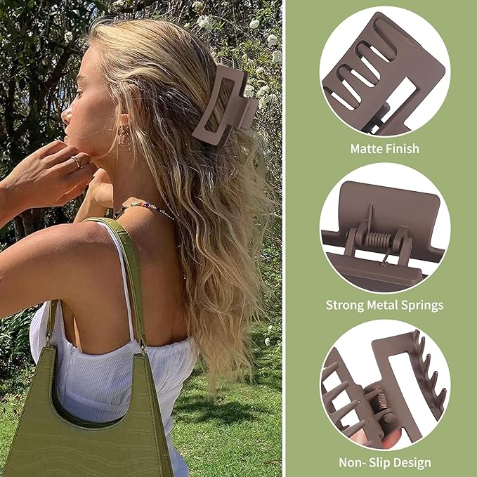Square Hair Clips 3.5 Inch Medium Claw Clips Rectangle Hair Claw Clips 6 Pack Rubber Paint Jaw Non-Slip Thick Hair Accessories for Women Girls -Brown Grey