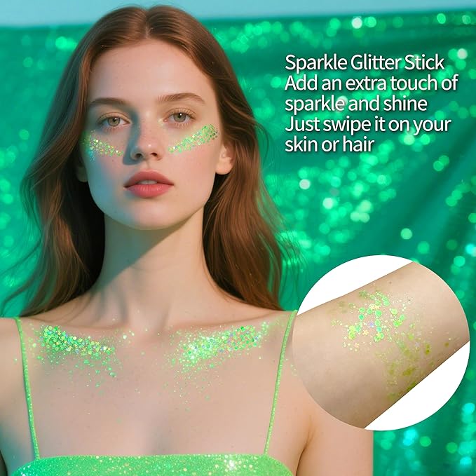MEICOLY Light Green Body Glitter Stick,Green Accessories for Spirit Week,Alien Face Glitter,Hair Glitter for Women,Irish St Patricks Day Accessories,Festival Mermaid Chunky Makeup for Mardi Gras