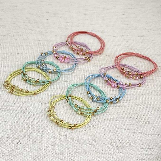 10pcs Colorful Hair Ties with Gold & Crystal Beads, Thin Elastic Ponytail Holders for Women, No Damage, Stylish Hair Accessories