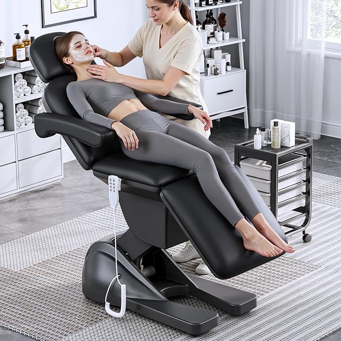 3 Motor Electric Esthetician Bed, Fully Electric Facial Chair with Adjustable Height, Backrest and Footrest, Spa Chair with Armrest & Heavy Duty Base, PU Leather for Spa, Tattoo, Eyelash and So On