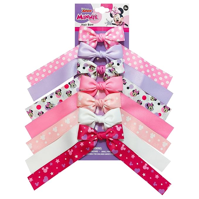 Disney Minnie Printed Long Tail Hair Bow Set for Girls – 7-Pack Printed Bows with Alligator Clips – Cute Hair Accessories for Kids Ages 3+
