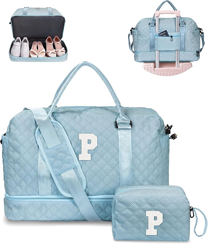 Gifts for Her - Personalized Monogram Overnight Weekender Bag with Makeup Bag, Ideal for Daughter, Friend, Mom or Sister (Letter P)