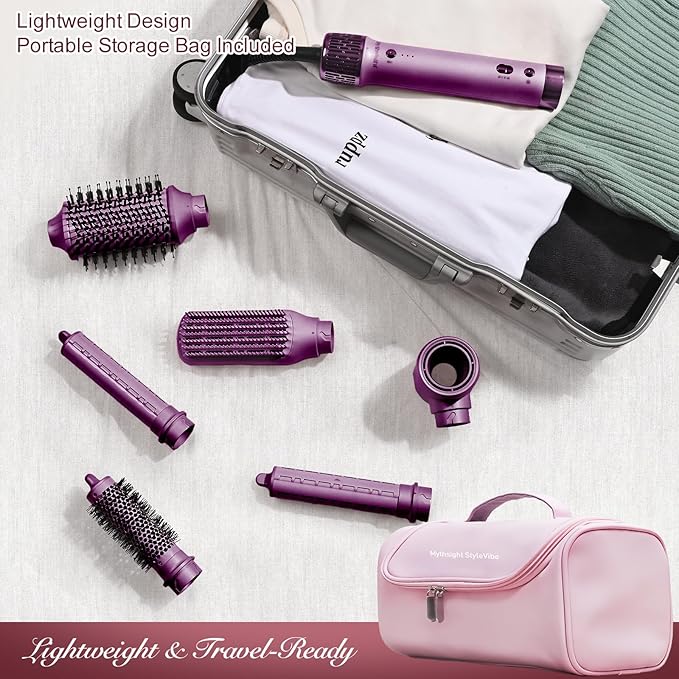 StyleVibe 6-in-1 Air Styler, Hair Dryer & Blow Dryer Brush with Travel Case - Auto Wrap Curls (L/R), Fast Drying, Thermal Round Brush for Smooth Blowouts & Frizz-Free Volume, No Heat Damage