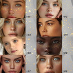 8 pcs Gold Glitter Freckles Face Tattoo, Waterproof Sparkle Face Glitter Speckles Patches for Women, Cute Star Glow up Glitter Temporary Tattoo Makeup Accessories for Festival Rave