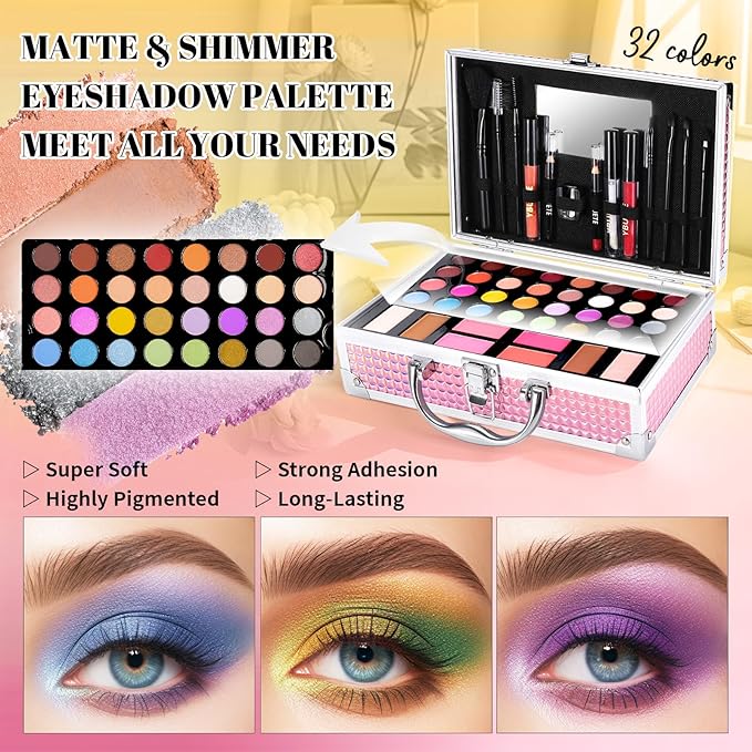 Beginner Makeup Kit for Teen,Makeup Set for Girl Women,Beginner Makeup Kit with Cosmetic Train Case Included 32 Colors Eyeshadow Blush Contour Lip Liner Lip Gloss Eyeliner Brush Set Mirror