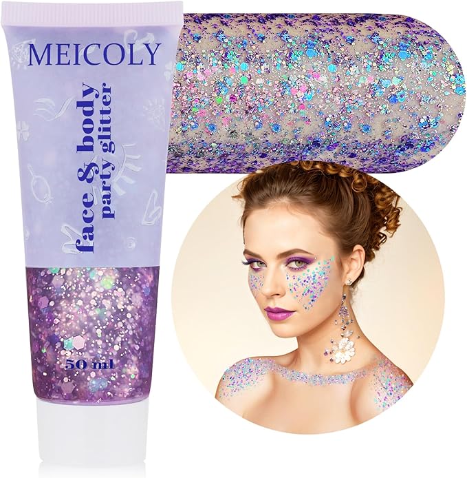 MEICOLY Chameleon Purple Hair Glitter,Halloween Chunky Face Body Glitter,Mardi Gras Accessories Outfits for Women,Color Changing Mermaid Face Glitter,Festival Glitter Makeup for Face Body Hair
