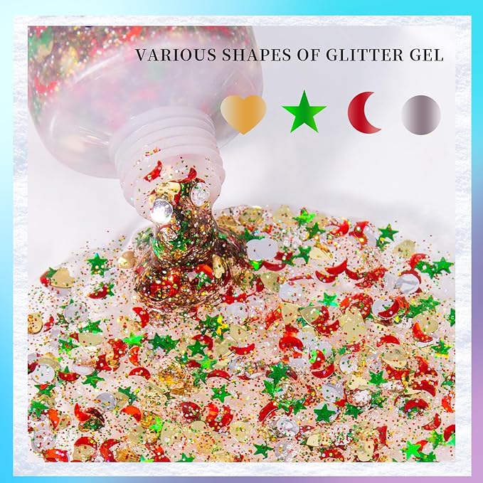 DAGEDA Christmas Body Glitter Gel, Gold Red Green Face Hair Glitter Makeup, Christmas Tattoos Accessories,Holographic Chunky Glitters, Shimmer Face Paint Singer Concert Rave Accessories 50ml