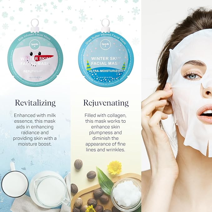 SpaLife Beauty Winter Skin Christmas Face Mask Bundle | Korean Facial Masks | Hydrating, Moisturizing and Firming Sheet Mask Set | Christmas Gifts for Women | 12 Pack