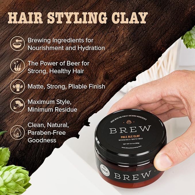 Brew Grooming Hair Styling Clay for Men - Matte Strong Hold Molding Pomade for Beard and Hair - Natural Ingredients Barley, Hops, Yeast - Paraben Free - Water Based for Smooth Finish 4 oz