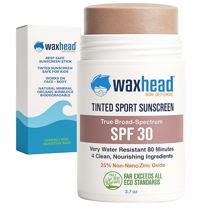 Tinted Zinc Oxide Sport Sunscreen Stick SPF 30, 3.7oz by Waxhead - 25% Non-Nano Zinc Oxide, 4 Food-Grade Ingredients, Sweat & Water Performance, Reef-Safe Mineral Face Stick for Kids & Sensitive Skin