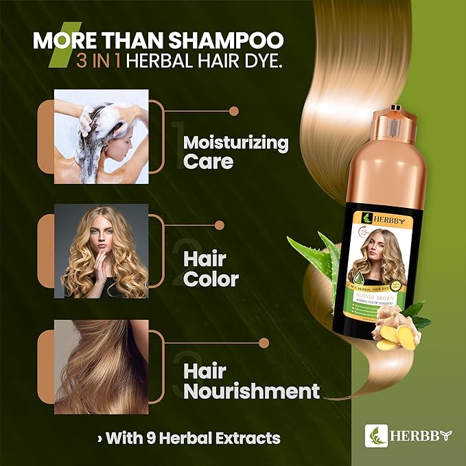 HERBBY Hair Color Shampoo for Gray Hair Coverage&Color Transform with 9 Herbal Extracts –Long Lasting(6-8 Weeks),Shiny,Evenly Colored,Instant Hair Dye Shampoo&Conditioner, 500 Ml (BLONDE BROWN COLOR)