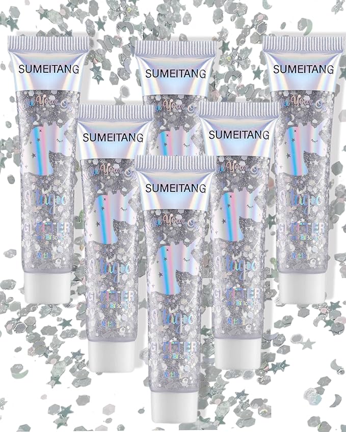 6PCS Silver Face Body Glitter Gel，Holographic Chunky Sequins Body Glitter Paint for Party Singer Concerts Music Festival Rave Accessories for Girls Women Face Body DIY Sparkling Makeup