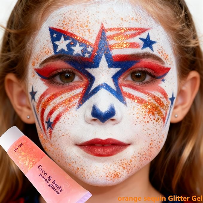 Go Ho Orange Face Body Glitter,Sparkle Orange Face Paint Glitter Makeup,Holographic Chunky Sequins Glitters Gel for Eye Lip Hair Nails,Halloween SFX Makeup Accessories,52g