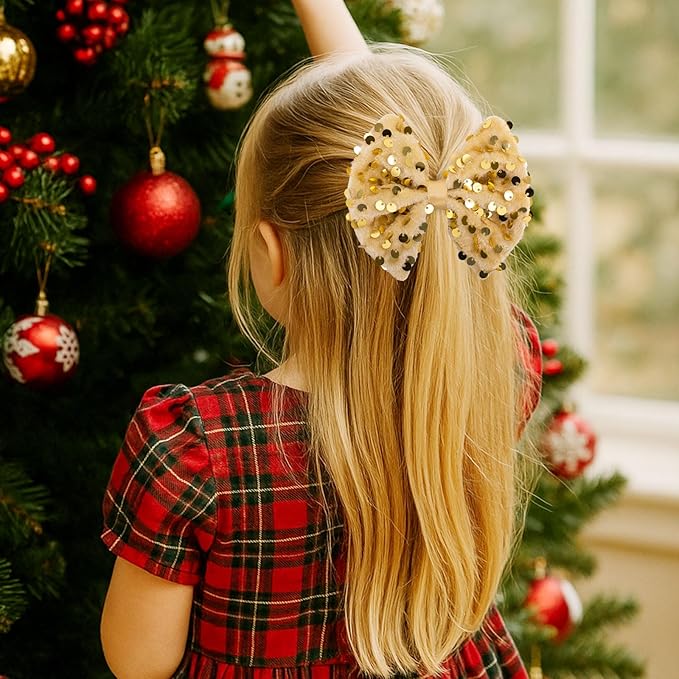 Velvet Sequin Hair Bows Elegant Gold Bow for Women Girls, 4in Glitter Handmade Hair Clips Alligator Clips Sparkly Ponytail Holder Hair Accessories for Christmas, Birthday Party, Wedding, Valentines
