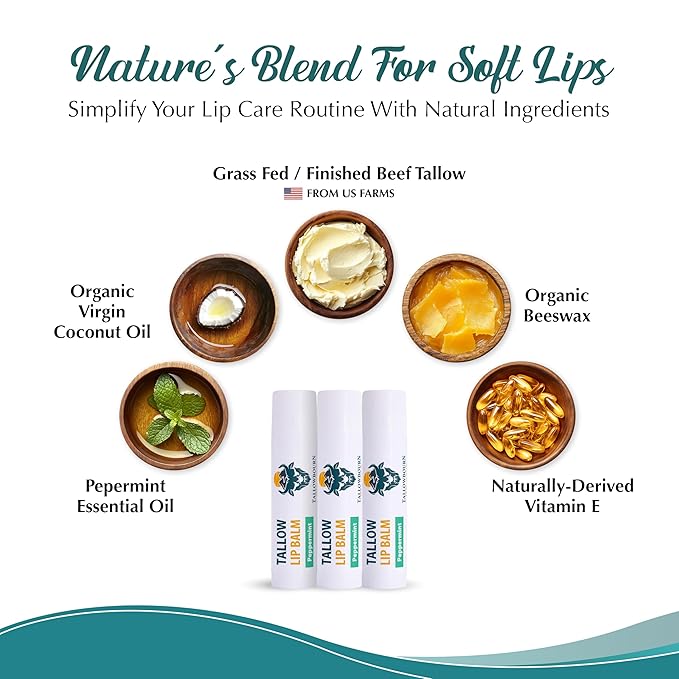Moisturizing Tallow Lip Balm – Grass-Fed Beef Tallow with Organic Coconut Oil, Beeswax, and Vitamin E – Peppermint – Lip Balm Set – Travel Essential – 3-Pack