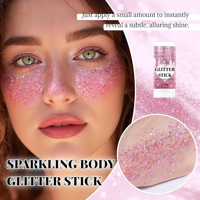 DAGEDA Pink Body Glitter Stick,Sparkly Face Glitter Makeup,Holographic Hair Glitters Mermaid Makeup Rave Outfits for Women, Shimmer Face Paint Stick Singer Concert Accessories