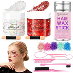 Body Glitter, Face Glitter Hair Glitter for Women Girls, Silver Red Glitter Gel for Makeup, Hair Accessories Kit with Hair Wax Stick, 500 Pcs Toddler Hair Elastic, Hair Styling Kit with Rat Tail Comb