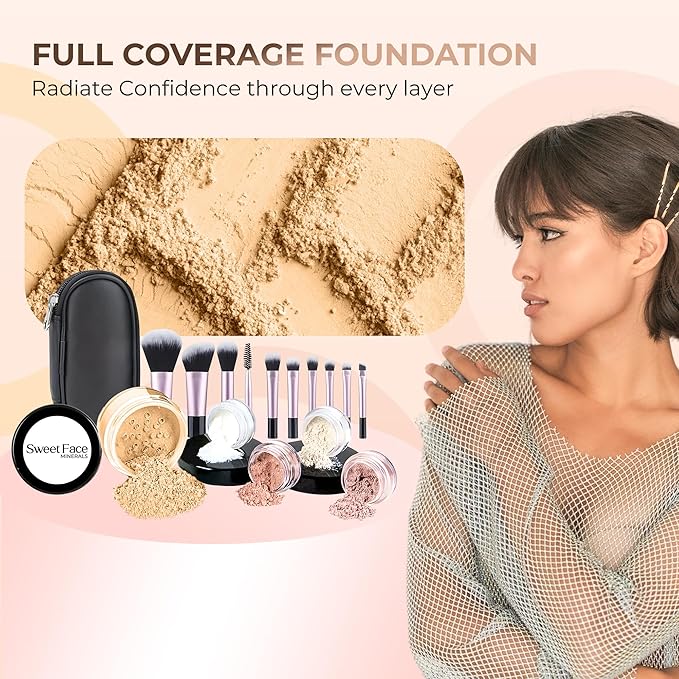 16pc Beginner Mineral Makeup STARTER KIT with 10 BRUSH SET (5gm) Sample Size Foundation, Primer, Blush, Bronzer, Setting Powder for Learning, Occasional Use,First Time Users, Travel Size Kit (Beige)