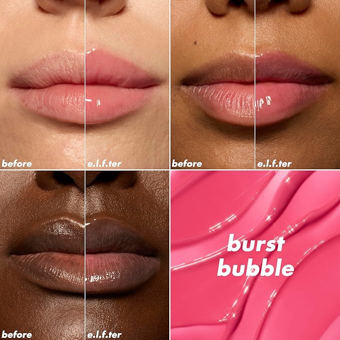 e.l.f. Glow Reviver Plumping Lip Oil, Tinted Lip Plumper For A High-Shine, Plump Finish, Infused With Jojoba Oil, Vegan & Cruelty-Free, Burst Bubble