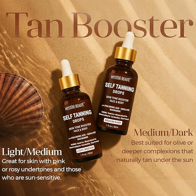Hydrating Self Tanning Drops – LIGHT/MEDIUM – Face & Body Tint with DHA, Hyaluronic Acid, Squalane & Niacinamide – Natural-Looking Tan – MYSTERE BEAUTE – 1 fl oz
