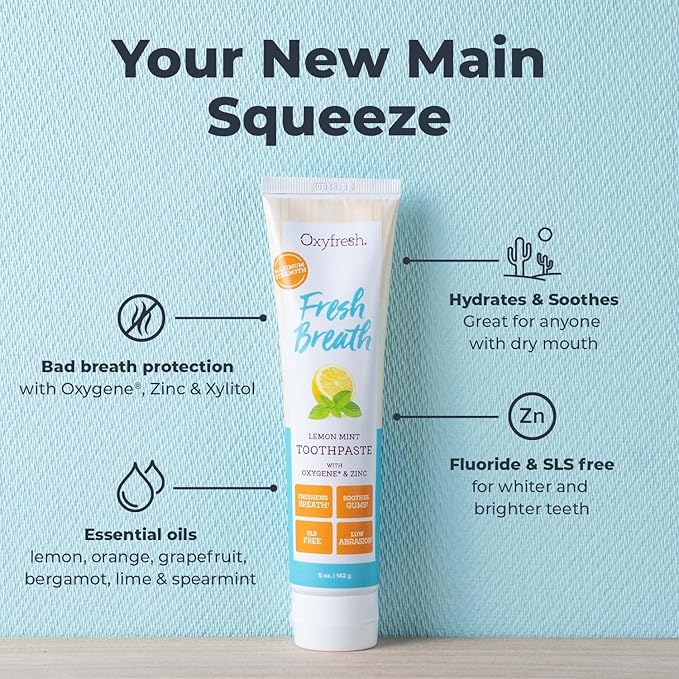 Oxyfresh Maximum Fresh Breath Lemon Mint Toothpaste - Clean Teeth & Fresh Breath - Natural Essential Oils & Natural Xylitol to Help Fight Tartar - SLS & Fluoride Free - 5 oz