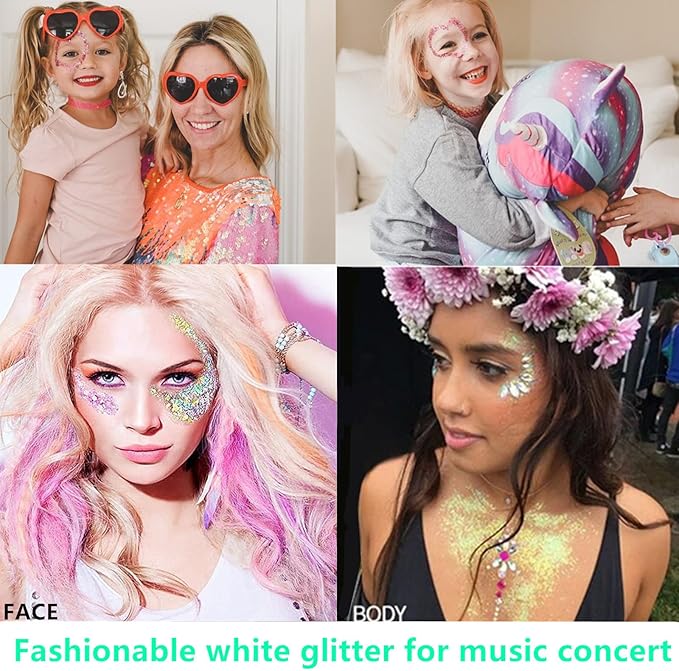 Go Ho White Pink and Silver Face Body Glitter Gel Set,Mermaid Face Paint,Holographic Long Lasting Chunky Sequins Glitter Makeup for Singer Concerts,Halloween Festival Rave Accessories