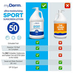 MyDerm Ultra-moisturizing SPF 50 Sport Sunscreen Lotion, Free from Octisalate, Oxybenzone, Octinoxate and Parabens, Hawaii 104 Reef Act Compliant, 128 oz (1 Gallon), Broad Spectrum UVA/UVB Protection