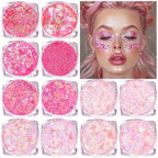 Body Glitter Face Glitter, Hair Glitter for Kids, 12 Shapes Fine Chunky Glitter Gel for Women Girls Makeup Sparkles Party Mermaid Sequins Rave Accessories Singer Concerts Festival (Pink Scheme)