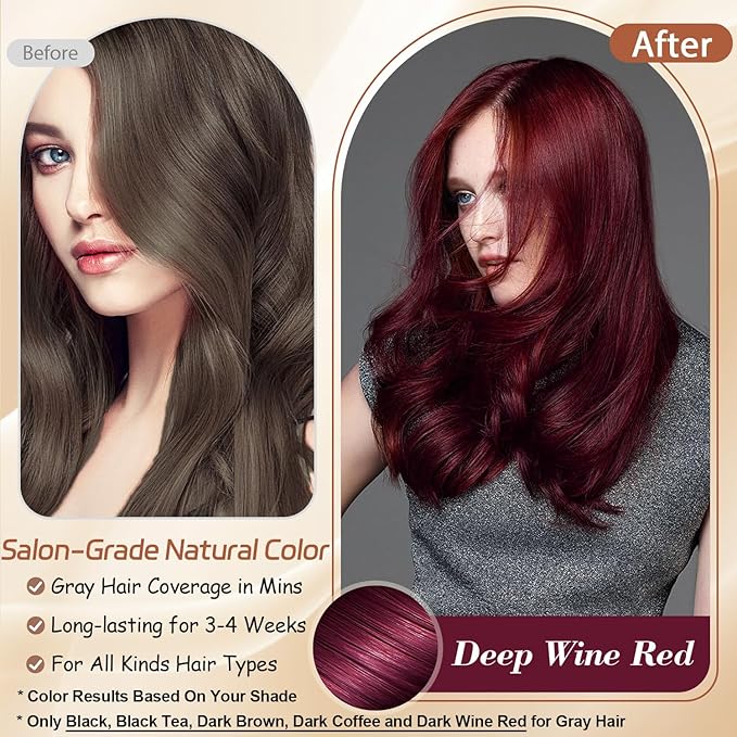 Instant Dark Wine Red Hair Dye Shampoo for 100% Gray Hair Coverage, Natural Herbal Hair Color Shampoo Hair Dye, 3 in 1 Coloring & Care Formula Lasts 3-4 Weeks, Easy & Quick to Use for Women Men, 500ML