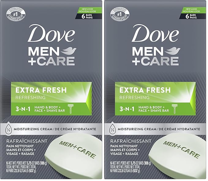 Dove MEN + CARE 3 in 1 Cleanser for Body, Face, and Shaving to Clean and Hydrate Skin Extra Fresh Body and Facial Cleanser More Moisturizing Than Bar Soap 3.75 oz 6 Bars (Pack of 2)