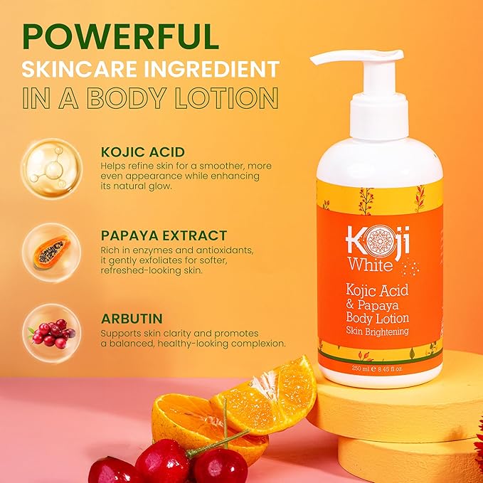 Koji White Kojic Acid & Papaya Body Lotion, Women Gift Sets for Exfoliating, Skin Brightening, Moisturizer, Radiance, Even Tone, Age Spots & Sun Damaged, Vegan, Paraben-Free, 8.45 Fl Oz (2 Bottles)