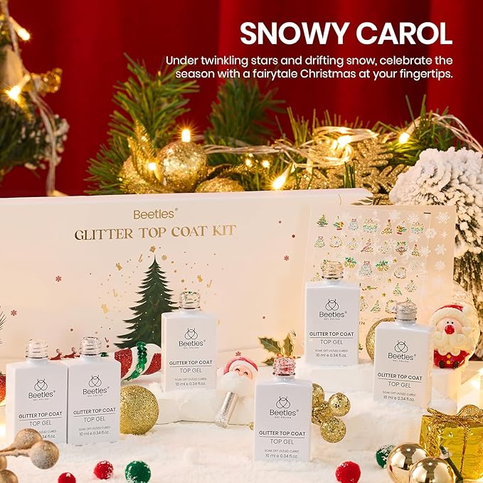 Beetles Christmas Limited Gel Top Coat Set, 6Pcs 10ml Winter Sparkle Glitter Cat Eye Top Coat Gel Nail Polish No Wipe Long Lasting Soak Off U V LED New Year Manicure Salon DIY Gifts for Women