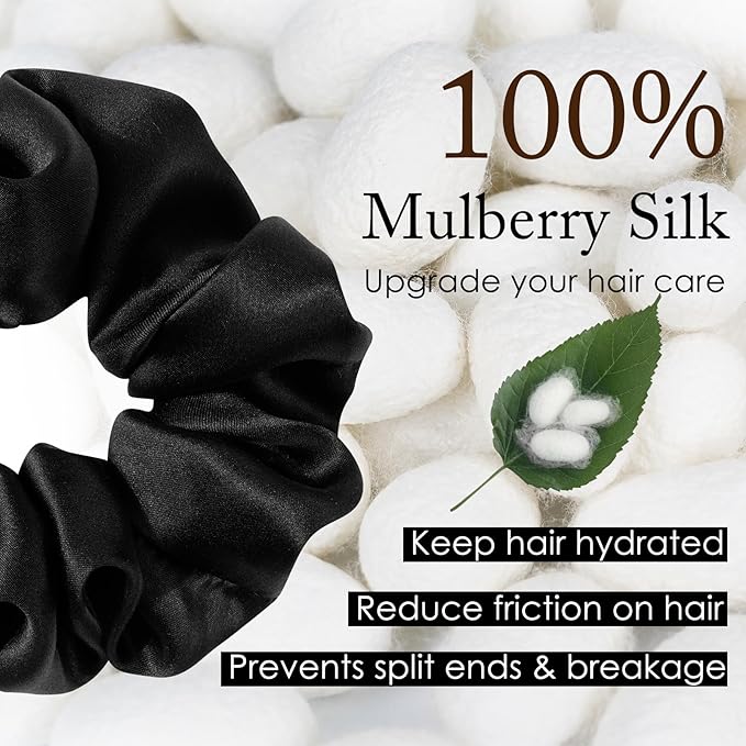 OLESILK 100% Mulberry Silk-Scrunchies for Hair Sleep, Women Grils Silk Hair Ties for Frizz & Breakage Curly Hair, No Damage, Elastics Ponytail Holder, 3 Pack