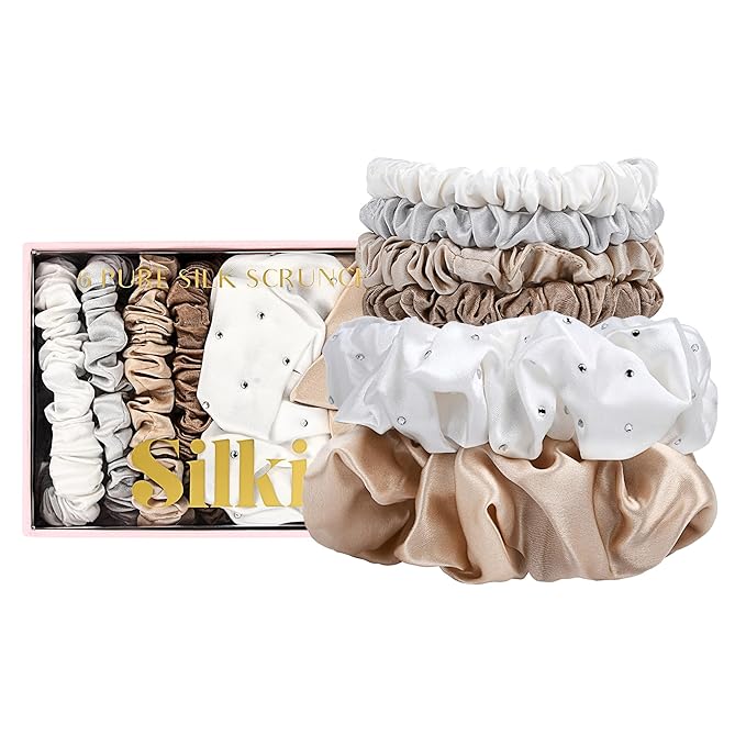 SILKIE x6 Set 100% Pure Mulberry Silk Christmas Special Light Neutral Skinny Scrunchies Travel Pouch Everyday Hair Ties Elastics Hair Care Ponytail Holder No Damage (Frost)