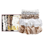 SILKIE x6 Set 100% Pure Mulberry Silk Christmas Special Light Neutral Skinny Scrunchies Travel Pouch Everyday Hair Ties Elastics Hair Care Ponytail Holder No Damage (Frost)