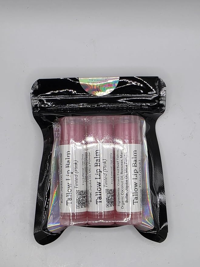Tallow Lip Balm (3 Pack) (Tinted Pink) Handmade Grass Fed Beef Tallow Lip Balm with Nourishing Oils (Pink)