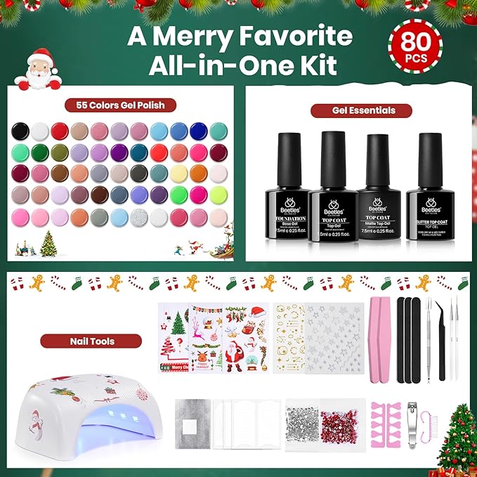 Beetles 80 Pcs Christmas Gel Nail Polish Kit with U V Light - 55 Color Gel Nail Kit Gifts for Teens Women Girls Soak Off Color Enchantment Winter Red Nails Art Home DIY Salon Beginners Manicure Set