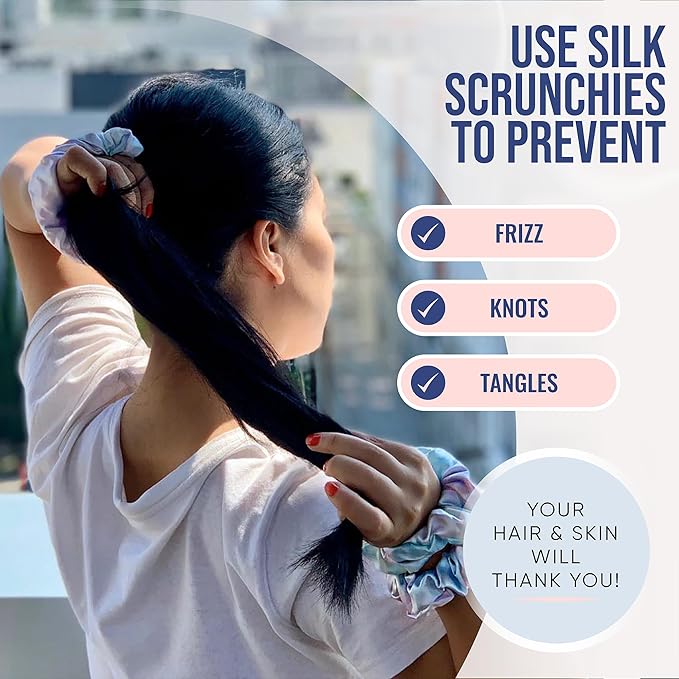 Blissy Silk Scrunchies (3 Pack) - 100% Pure Mulberry Silk - 22 Momme 6A High-Grade Fibers Scrunchie for Straight & Curly Hair - Preventing Breakage, Tangling, & Creasing (Tie Dye Skinny)