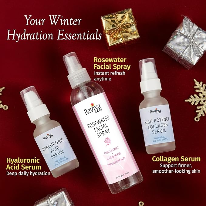 Reviva Labs Ultimate Hydration Trio – 3-Piece Hydrating Skincare for Dry Skin featuring Rosewater Facial Spray, Hyaluronic Acid Serum, and Collagen Serum for Face – Winter Skincare Gift Set for Women