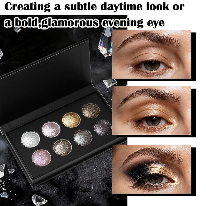 UCANBE 8 Color High-Intensity Baked Shimmer Eyeshadow Palette - Metallic Diamond-Like Shimmer, Highly Pigmented, Smooth & Blendable Formula for Dramatic & Radiant Eye Makeup (03 All Metallic)