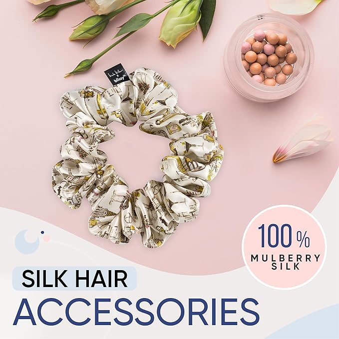 Blissy Silk Scrunchies (3 Pack) - 100% Pure Mulberry Silk - 22 Momme 6A High-Grade Fibers Scrunchie for Straight & Curly Hair (Nicole Miller NY to Paris, Regular)