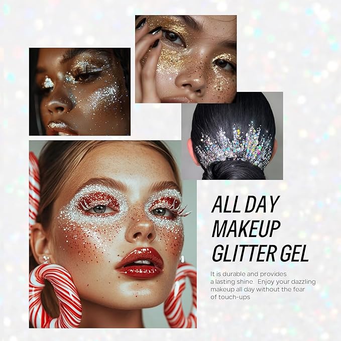 Gold Face and Body Glitter Gel, Party Concerts Cheer Face Paint Holographic Chunky Festival Rave Accessories Glitter Makeup Gel, 6 Kinds of Sparkling Sequins for Hair Nail Eye Lip Body