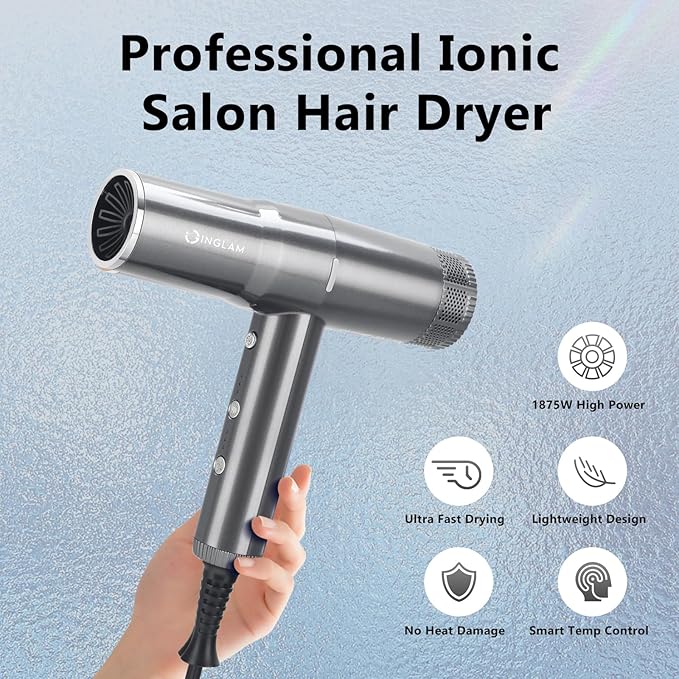 Hair Dryer with Diffuser, IG INGLAM 1875W Professional Ionic Blow Dryer, 110, 000 RPM High-Speed Brushless Motor, Auto-Clean, 3 Heat Settings & 3 Speed & Cool Shot Button Settings for Easy Home/Travel
