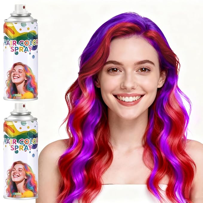 2 Pack hair spray temporary for Girls Women,Washable Hair Dye Spray Non-Sticky Halloween Cosplay Party Crazy Hair Day Hair Coloring Wax (Fiery Red&Purple)