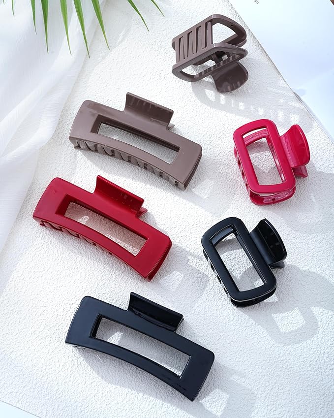 Mesovor 2 Styles Silicone Flexible Hair Claw Clips, 6 Pack Soft Bendable Hair Clips for Women | Rectangle Small Large Cozy Hairclips (Red, Coffee, Black)